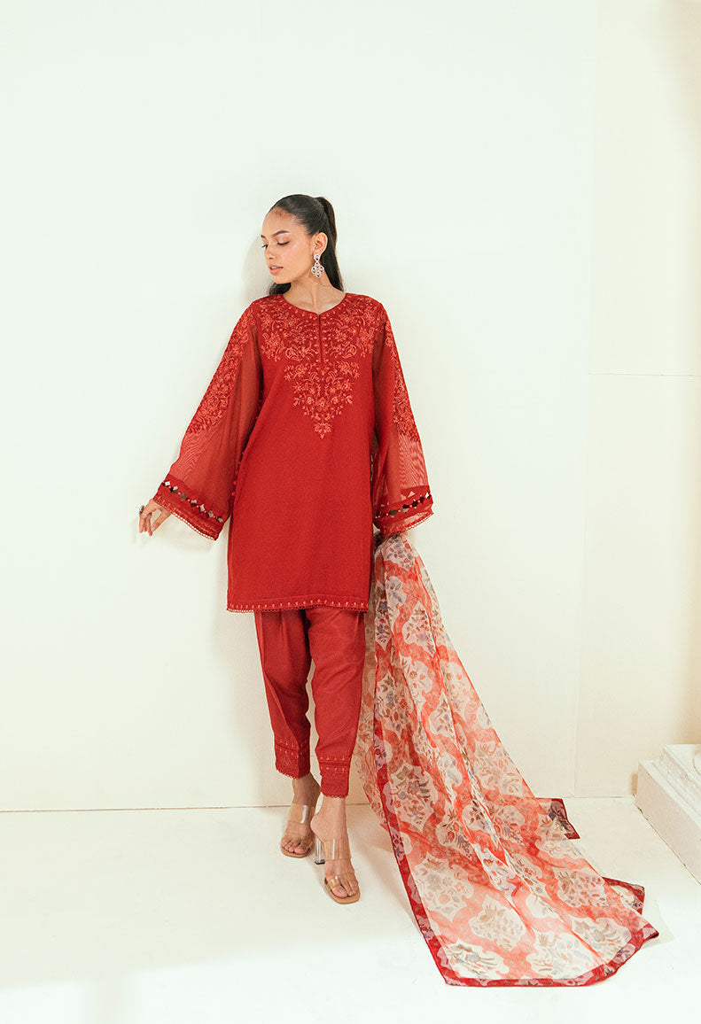 SS25DA-2698   RED  2PCS  EMBROIDERED KURTA WITH TROUSER
