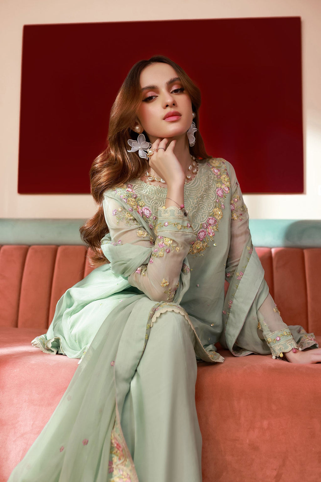 SS25DA-2712 L-GREEN 2PCS EMBROIDERED KURTA WITH TROUSER