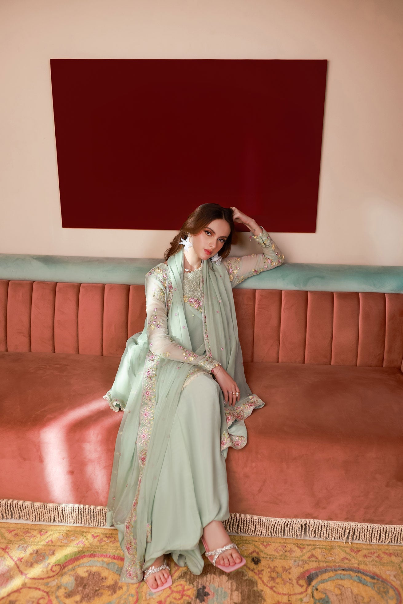 SS25DA-2712 L-GREEN 2PCS EMBROIDERED KURTA WITH TROUSER