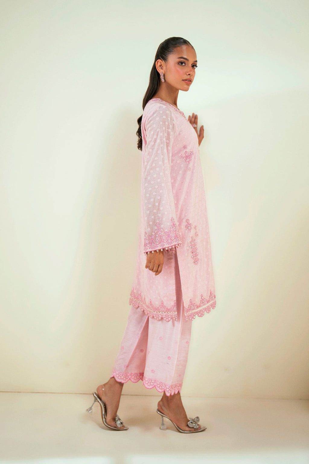 SS25DA-2730 PINK  2PCS EMBROIDERED KURTA WITH TROUSER