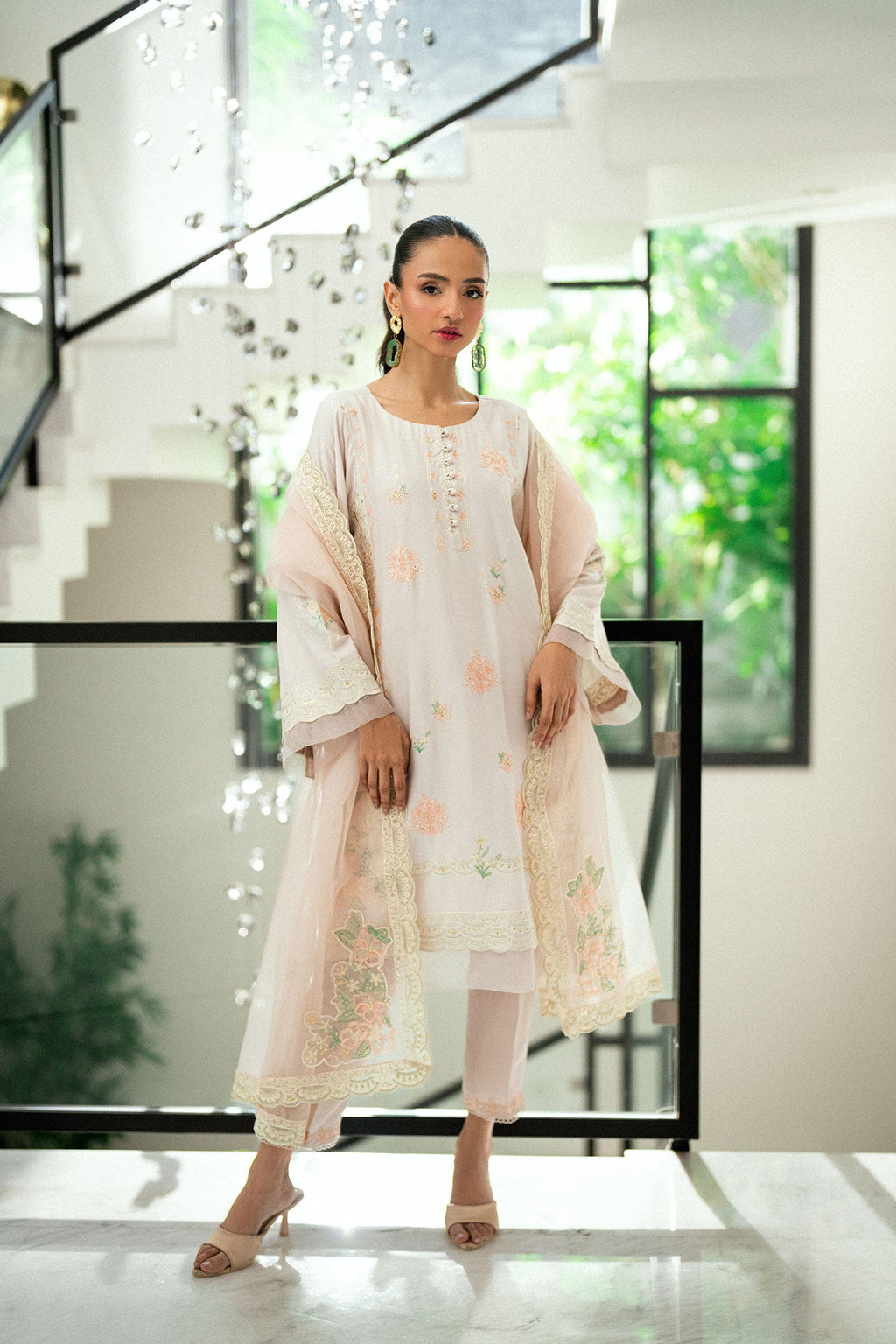 SS25DA-2735 T-PINK  2PCS EMBROIDERED KURTA WITH TROUSER