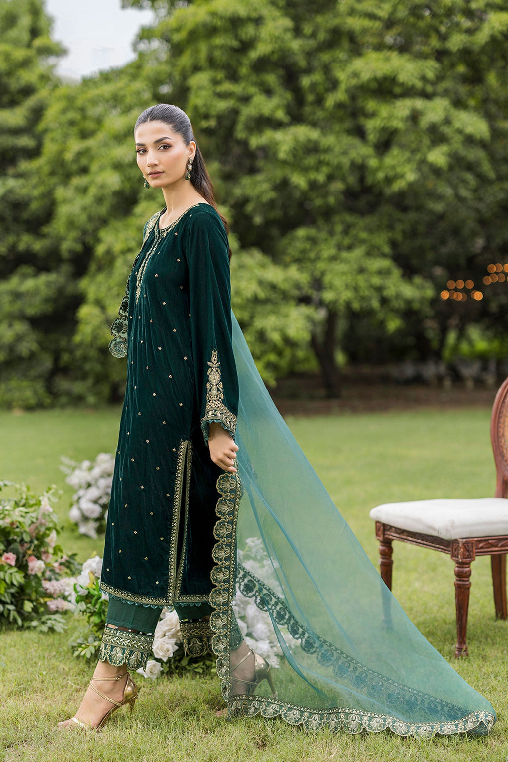 FW25DD-2809  GREEN EMBROIDERED DUPATTA