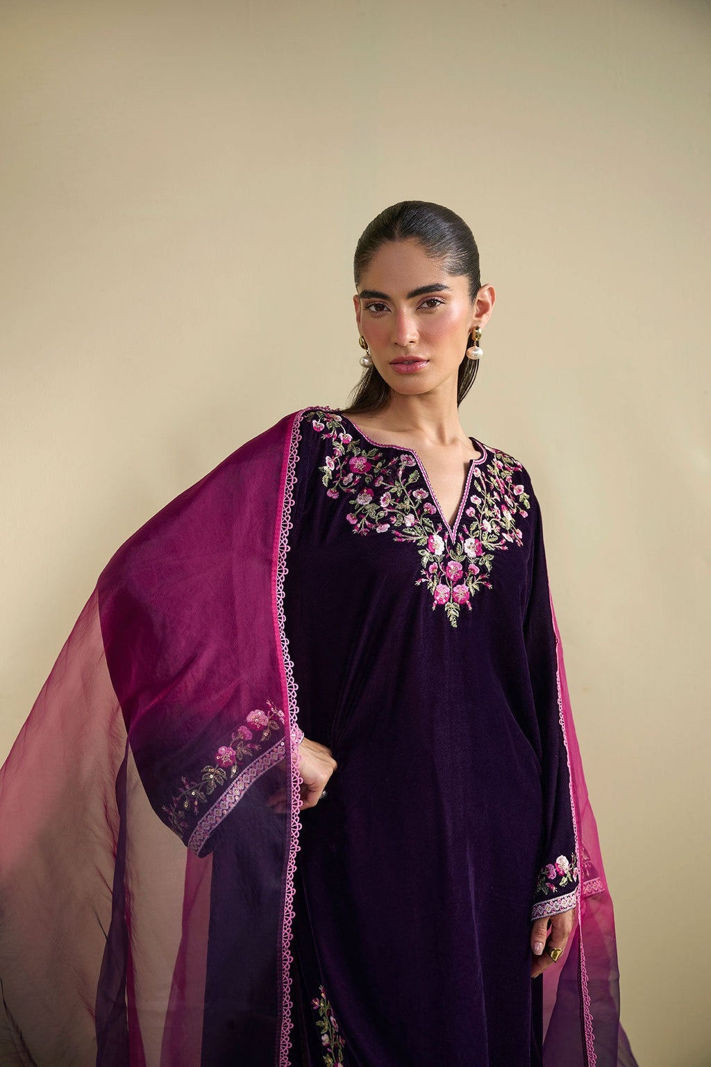 FW25DA-2811   PURPLE  2PCS  EMBROIDERED KURTA WITH TROUSER