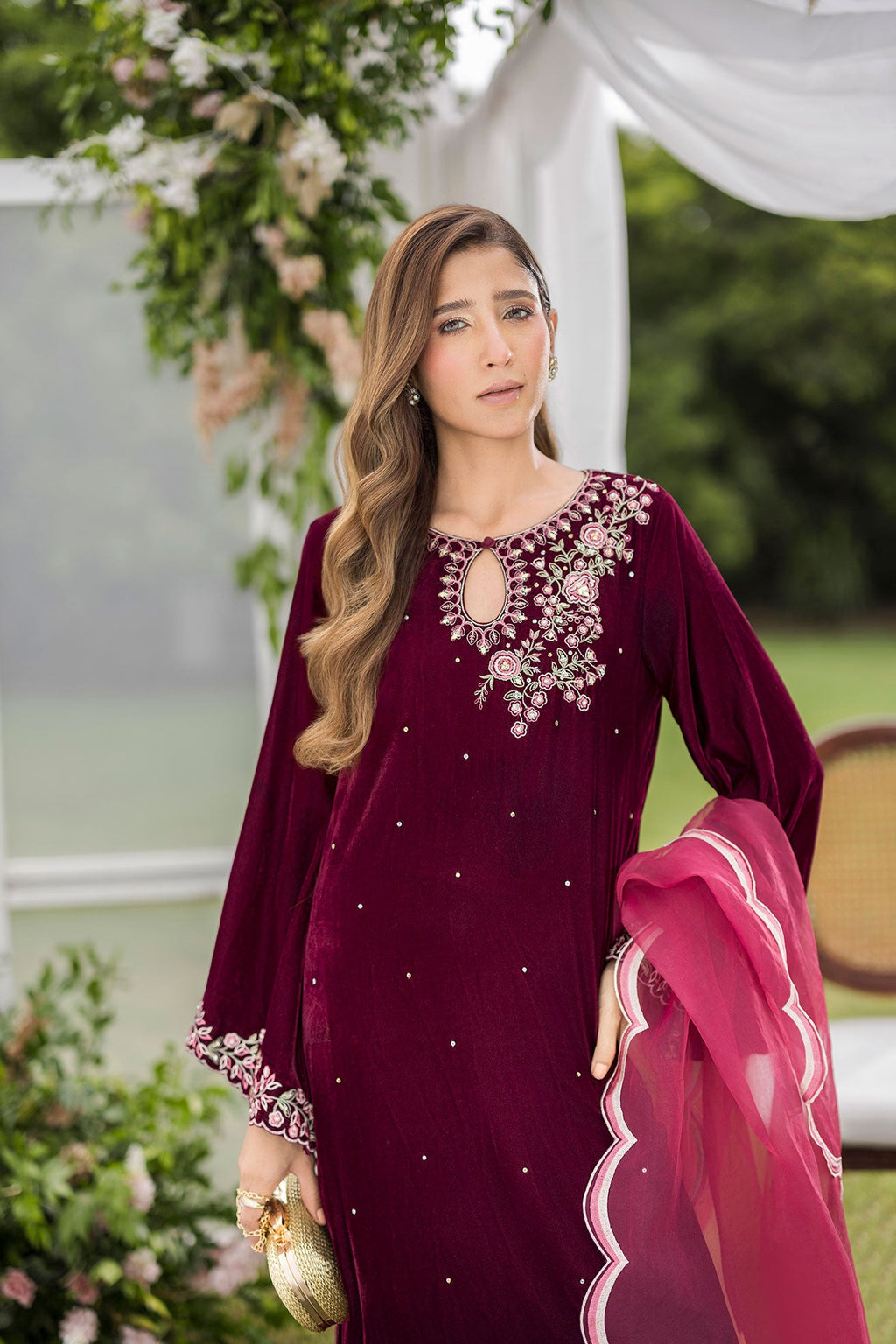 FW25DD-2816  MAROON  EMBROIDERED  DUPATTA
