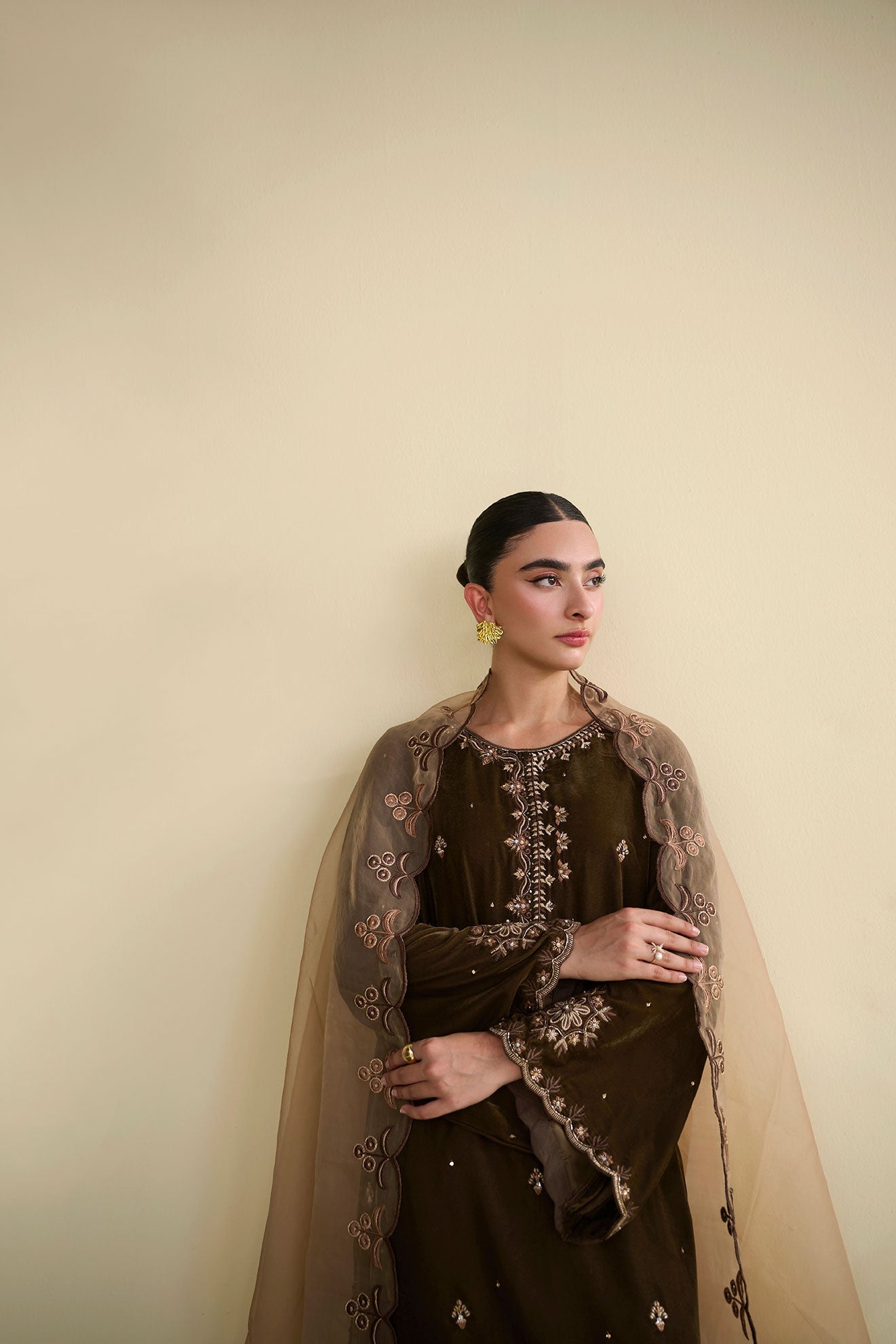 FW25DD-2821  BROWN EMBROIDERED DUPATTA