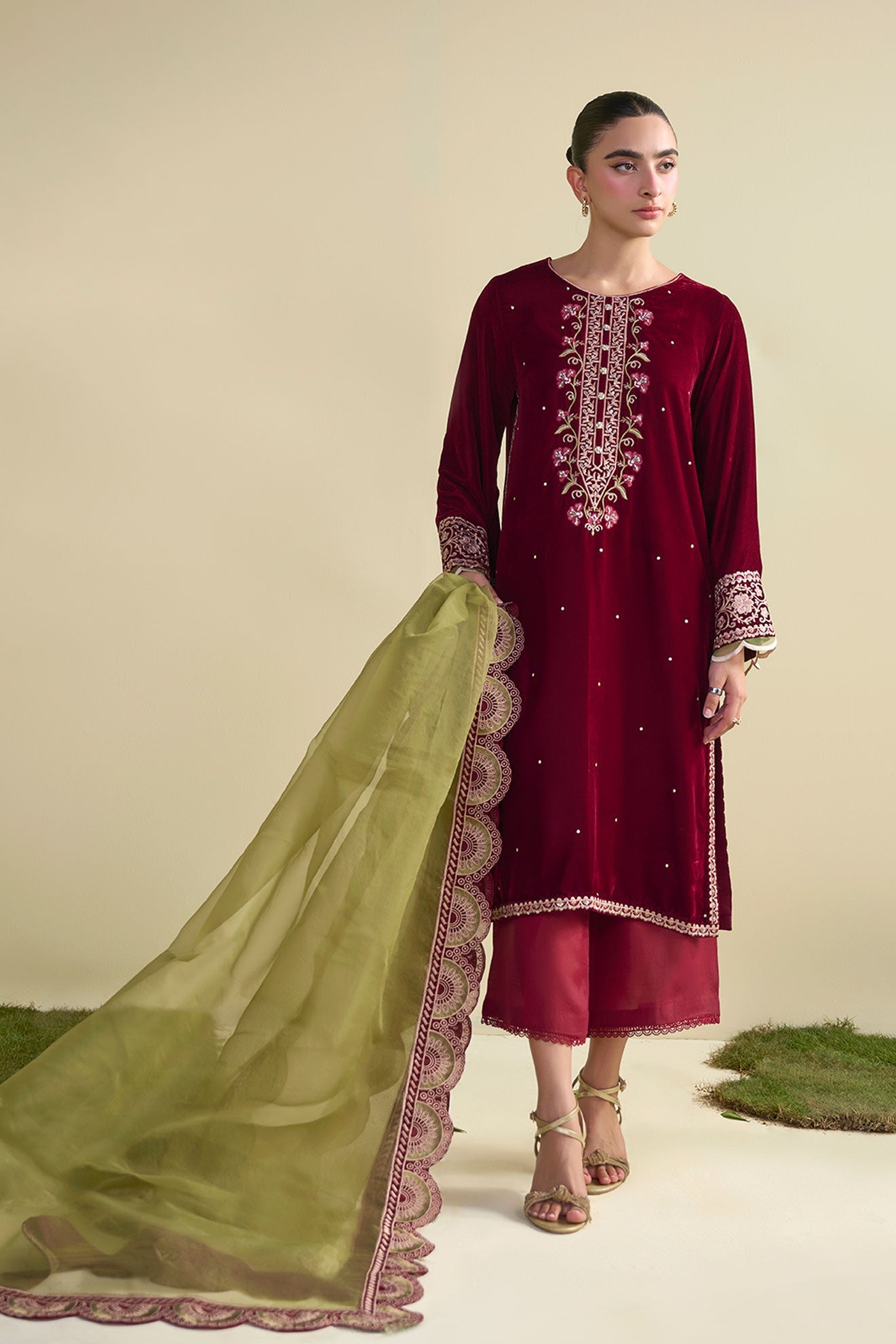 FW25DD-2824  OLIVE GREEN  EMBROIDERED  DUPATTA