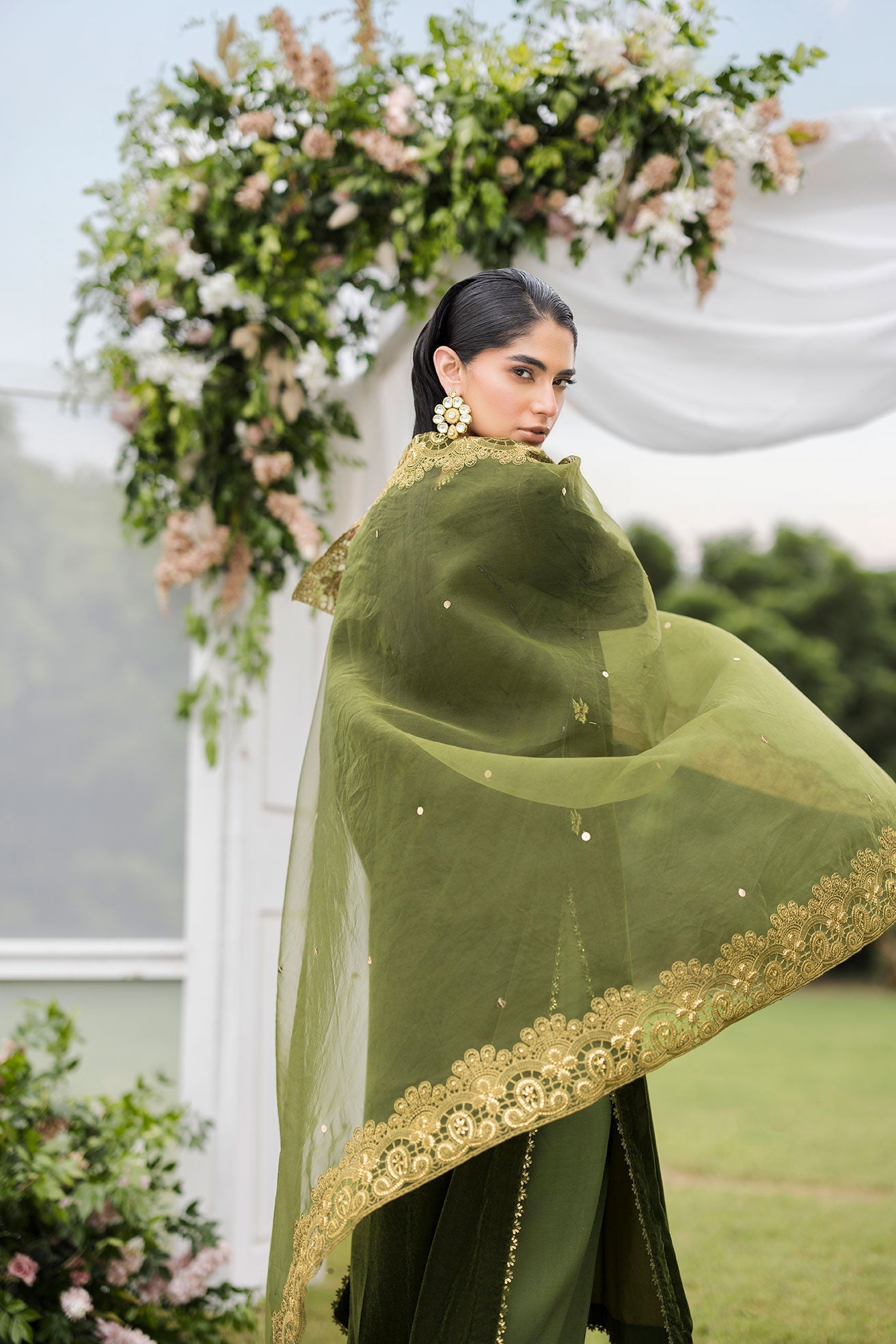 FW25DD-2831  OLIVE GREEN  EMBROIDERED  DUPATTA