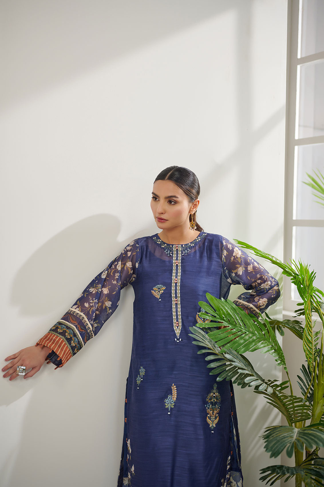 DC-0383 NAVY BLUE 2PCS  EMBROIDERED KURTA WITH TROUSER