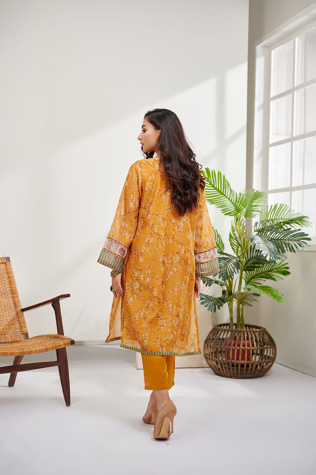 DC-0389 MUSTARD 2PCS  EMBROIDERED KURTA WITH TROUSER