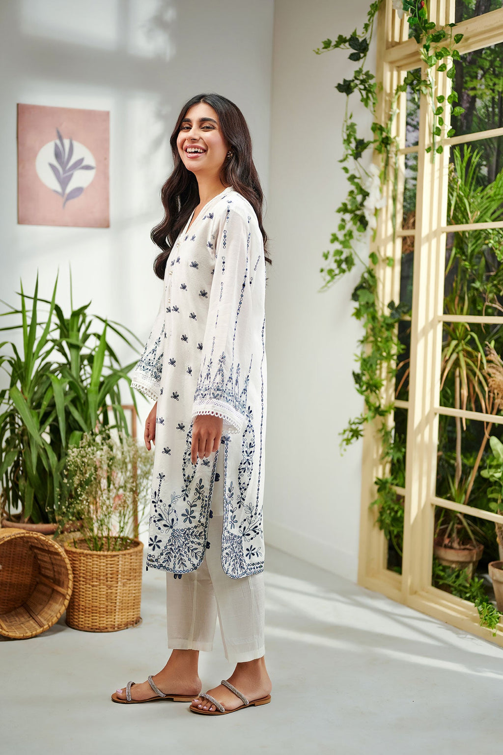 DC-2001 WHITE 2PCS  EMBROIDERED KURTA WITH TROUSER