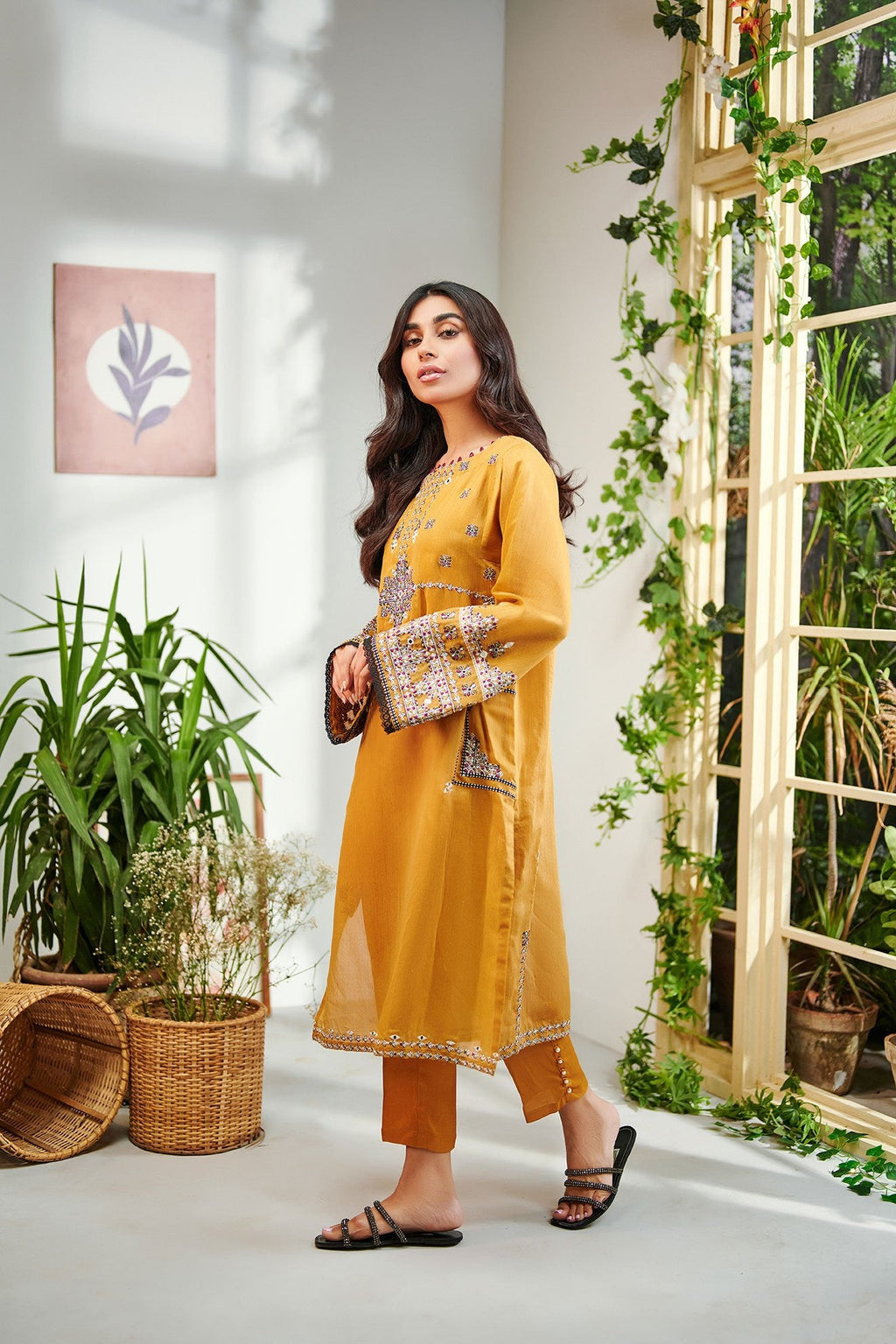 DC-2008 YELLOW 2PCS EMBROIDERED KURTA WITH TROUSER