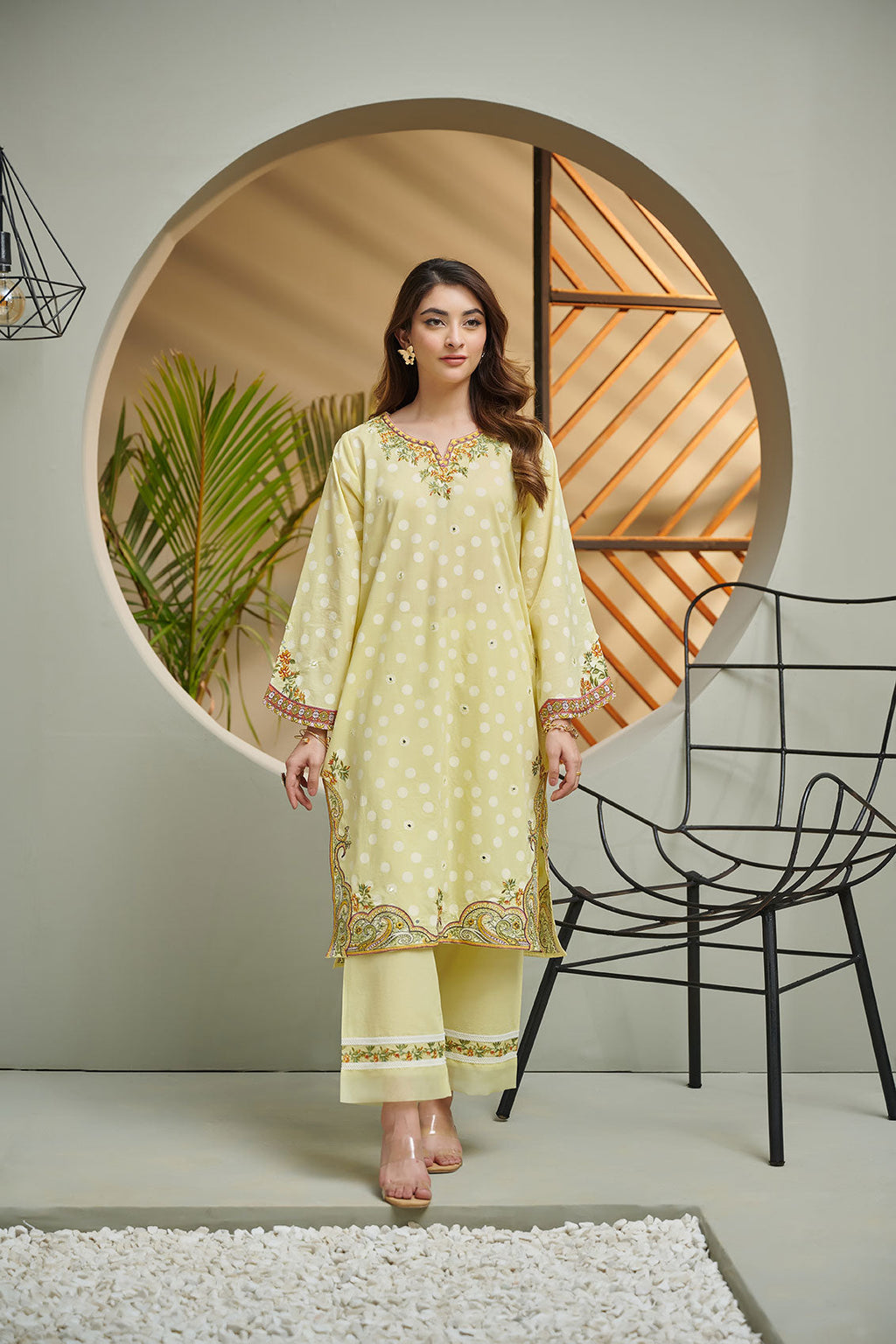 DC-2036 YELLOW 2PCS  EMBROIDERED KURTA WITH TROUSER