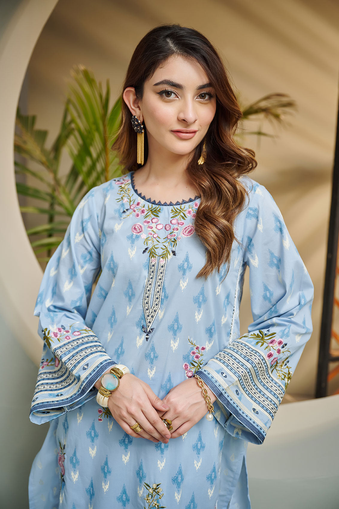 DC-2042 SKY BLUE 2PCS  EMBROIDERED KURTA WITH TROUSER