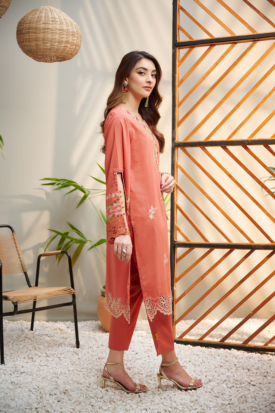 DC-2043 ORANGE 2PCS  EMBROIDERED KURTA WITH TROUSER
