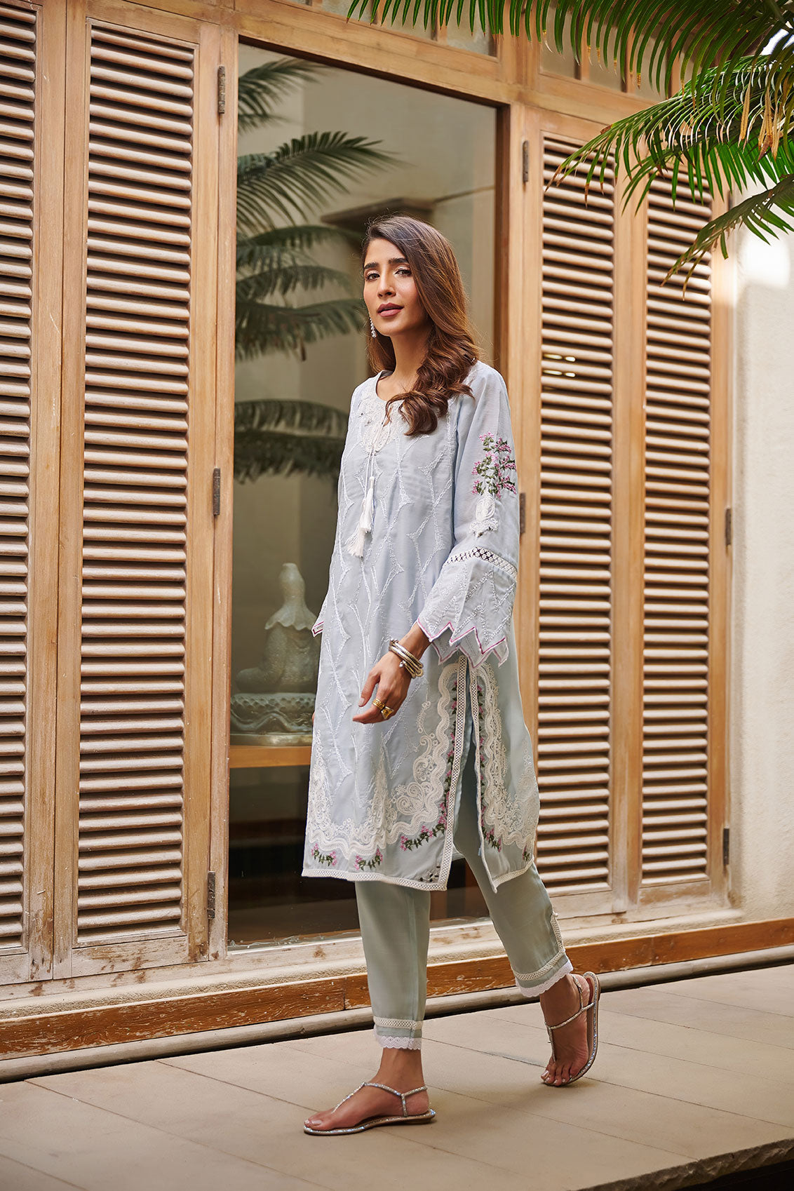 DC-2045 WATER BLUE 2PCS  EMBROIDERED KURTA WITH TROUSER