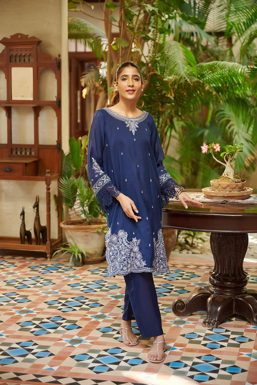 DC-2048 NAVY BLUE 2PCS  EMBROIDERED KURTA WITH TROUSER