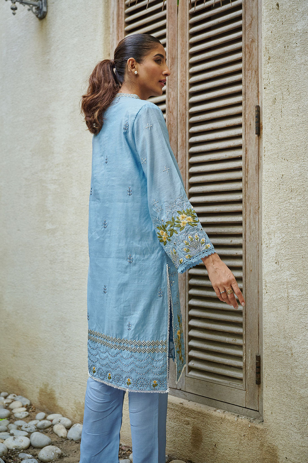 DC-2055 TEAL BLUE 2PCS  EMBROIDERED KURTA WITH TROUSER
