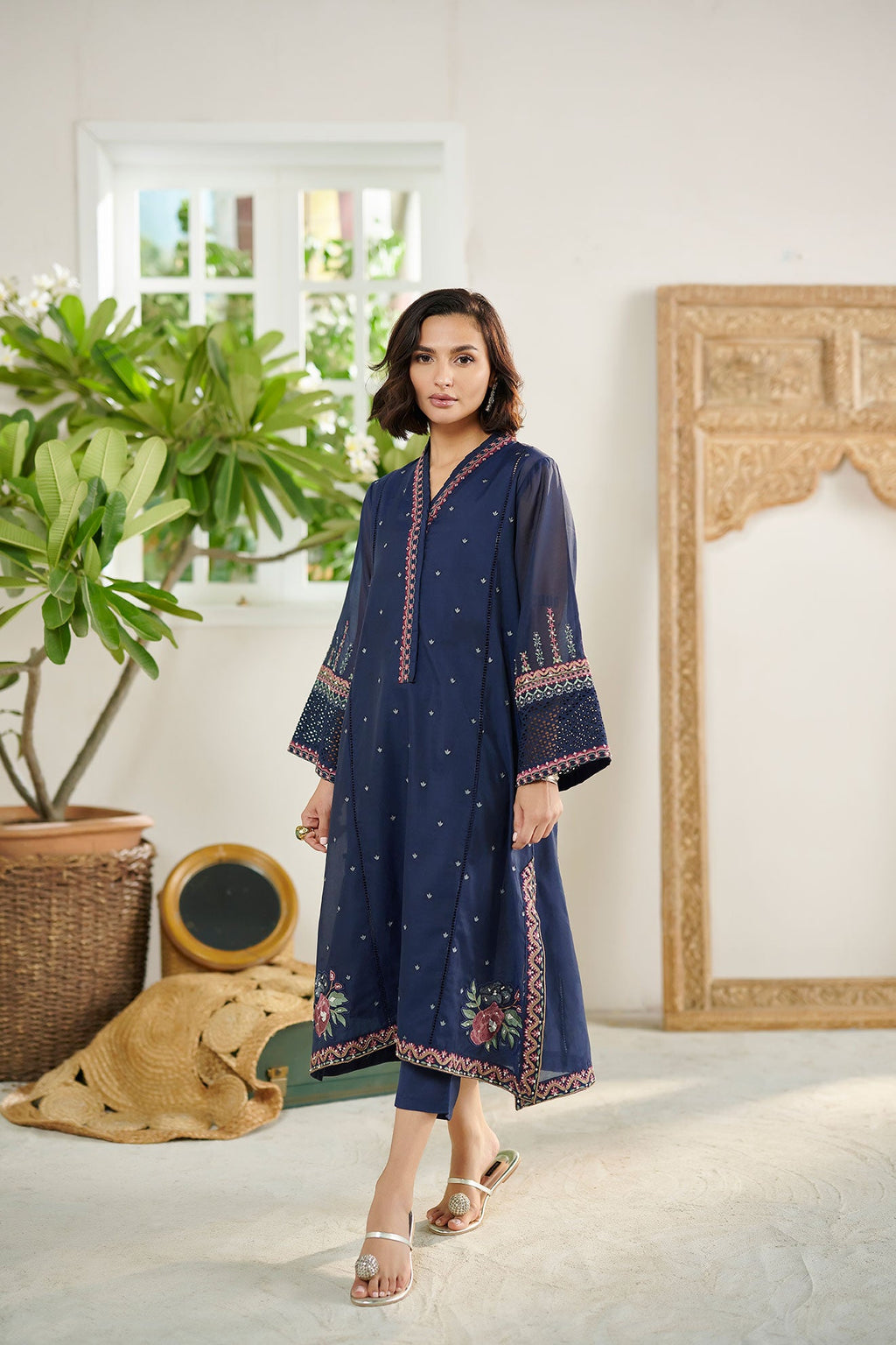 DC-2083 NAVY BLUE 2PCS  EMBROIDERED KURTA WITH TROUSER