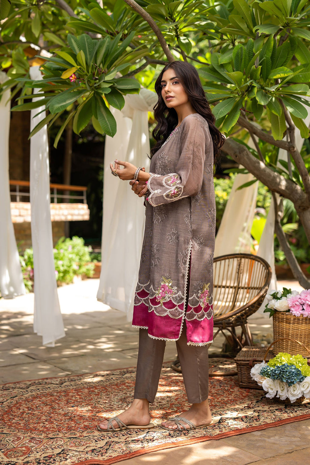 DC-2097 BROWN 2PCS  EMBROIDERED KURTA WITH TROUSER