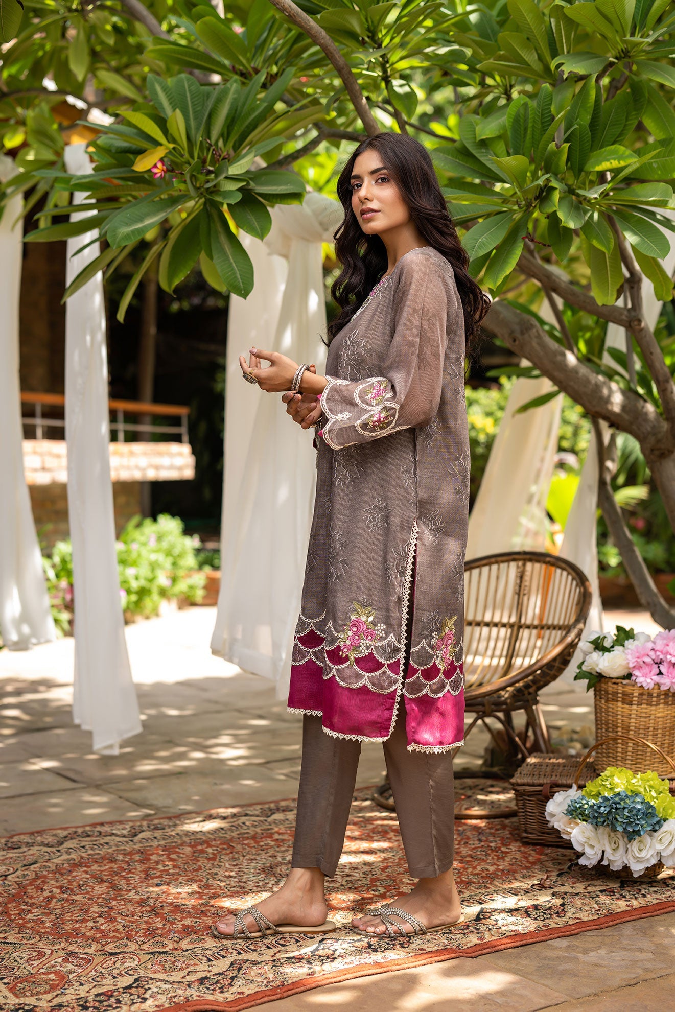 DC-2097 BROWN 2PCS  EMBROIDERED KURTA WITH TROUSER