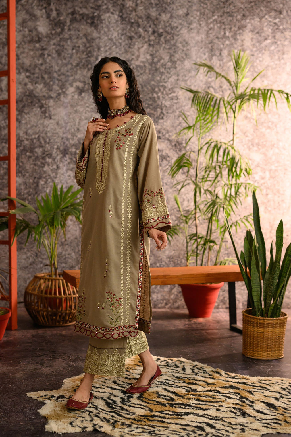 DC-2107 BEIGE KHADDAR 2PCS EMBROIDERED KURTA WITH TROUSER