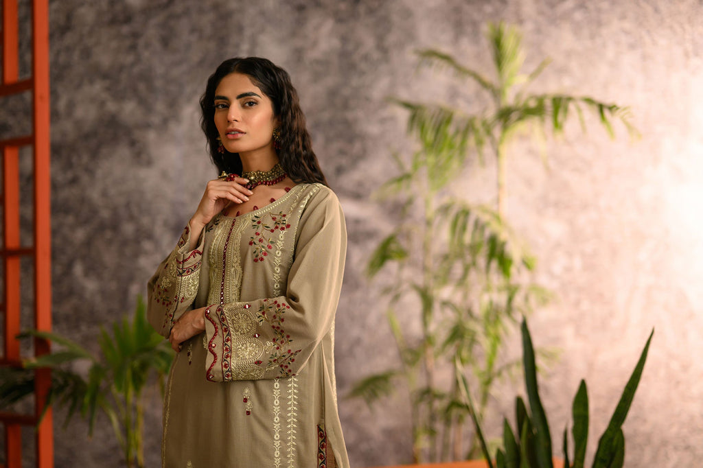 DC-2107 BEIGE KHADDAR 2PCS EMBROIDERED KURTA WITH TROUSER