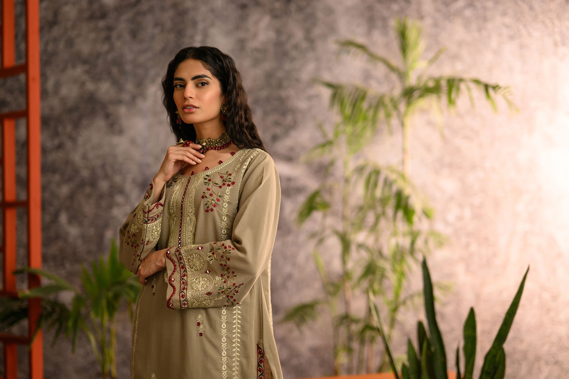 DC-2107 BEIGE KHADDAR 2PCS EMBROIDERED KURTA WITH TROUSER