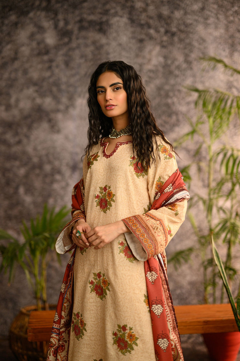 DC-2111 BEIGE KHADDAR 2PCS EMBROIDERED KURTA WITH DUPATTA
