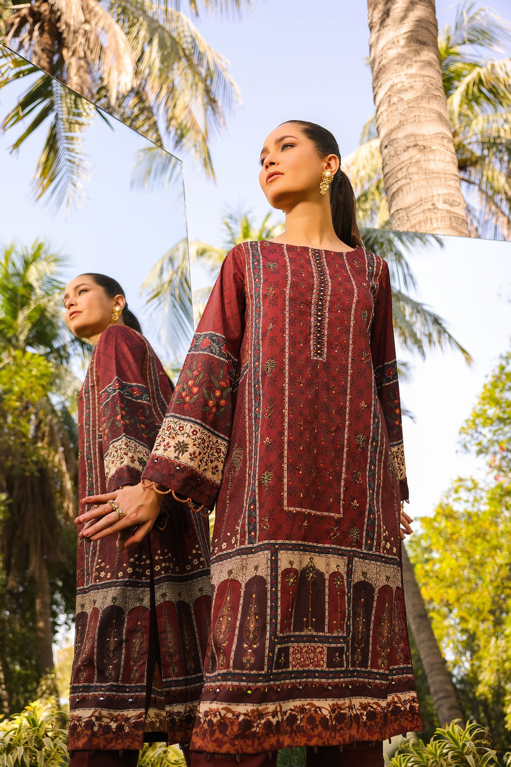 DC-2141 MAROON 2PCS HAND EMBELLISHED  SHIRT WITH TROUSER