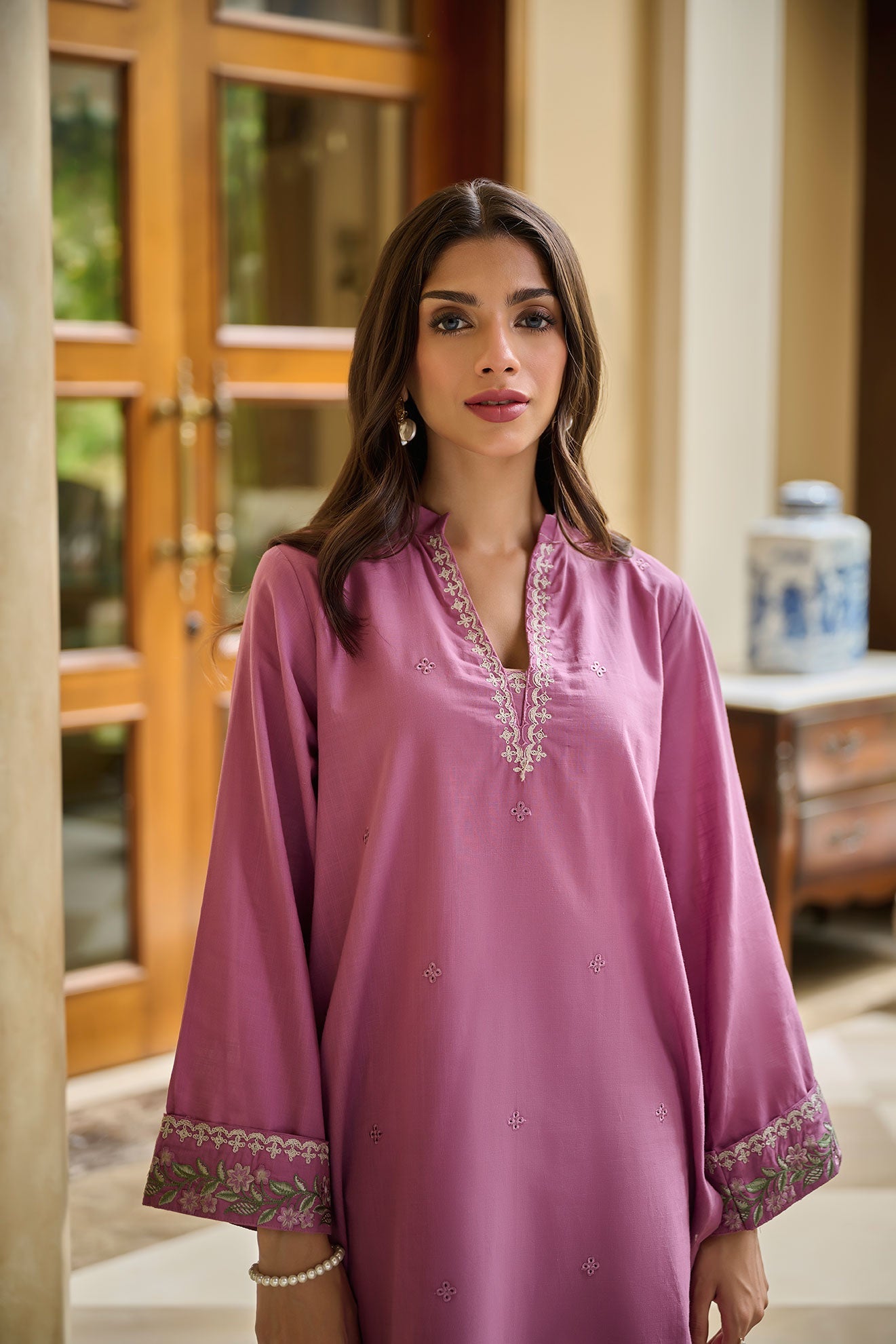 DC-2217 MAUVE 2PCS  EMBROIDERED KURTA WITH TROUSER