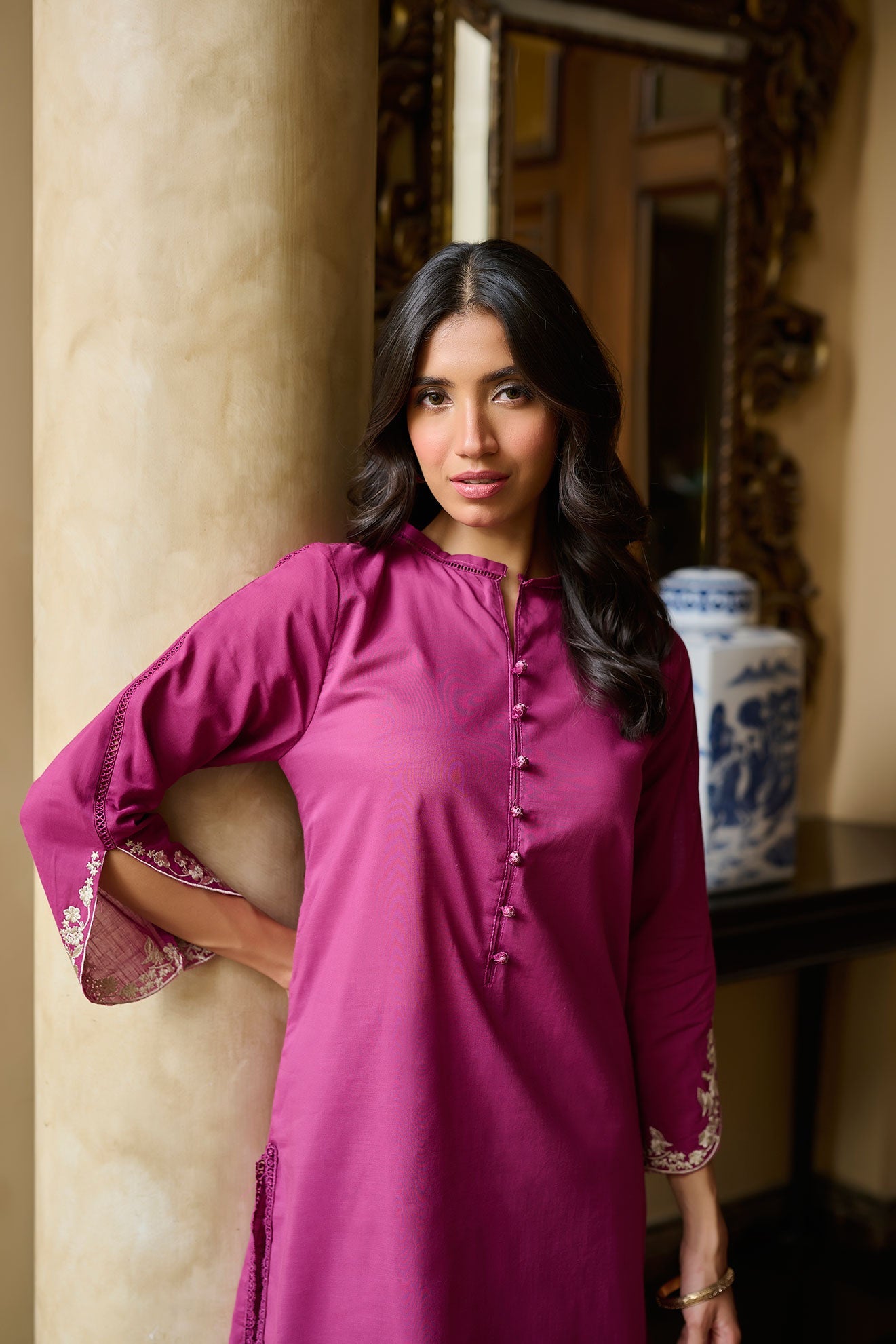 DC-2220 PURPLE 2PCS  EMBROIDERED KURTA WITH TROUSER