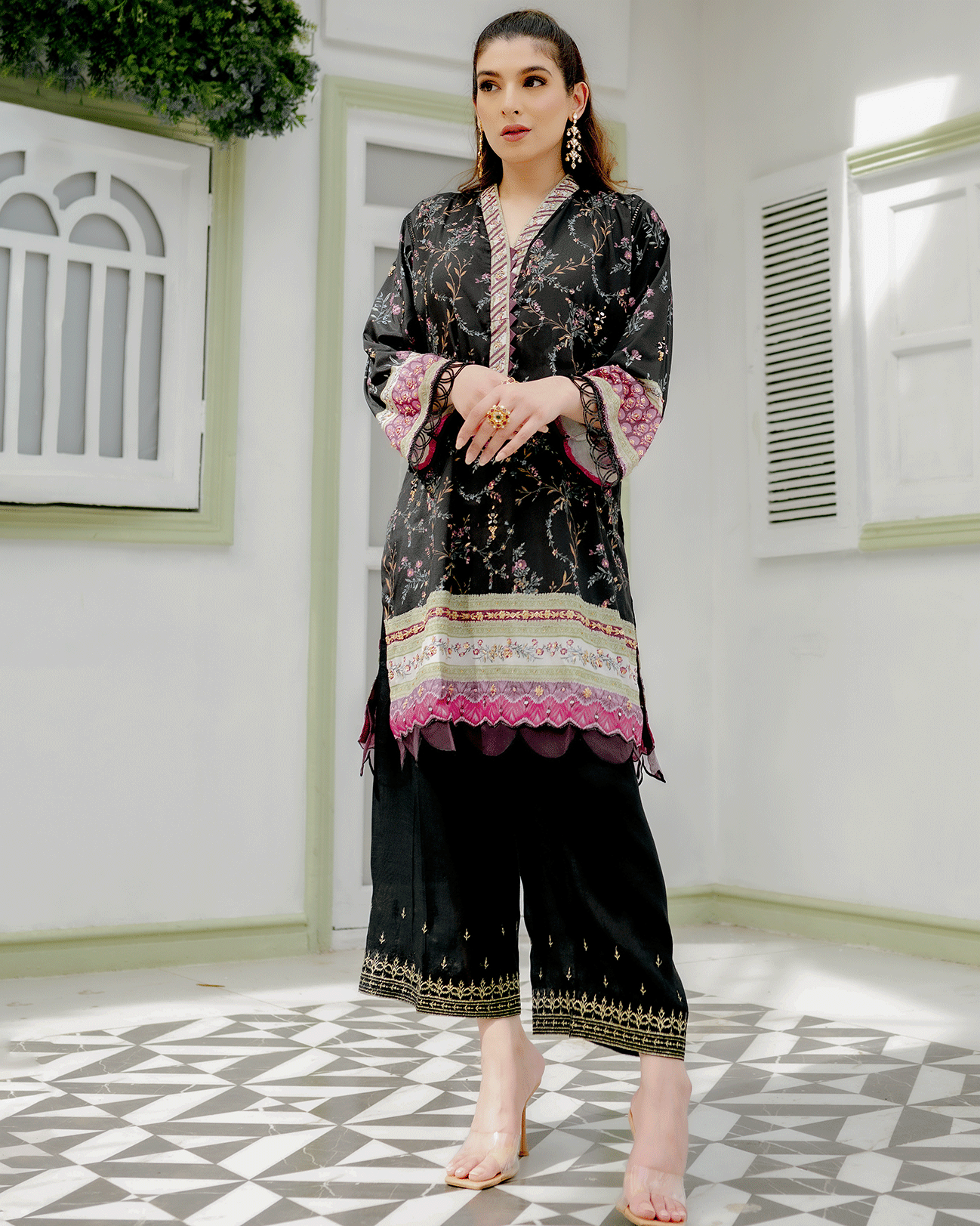 DC-2240 BLACK 2PCS HAND EMBELLISHED  SHIRT WITH TROUSER