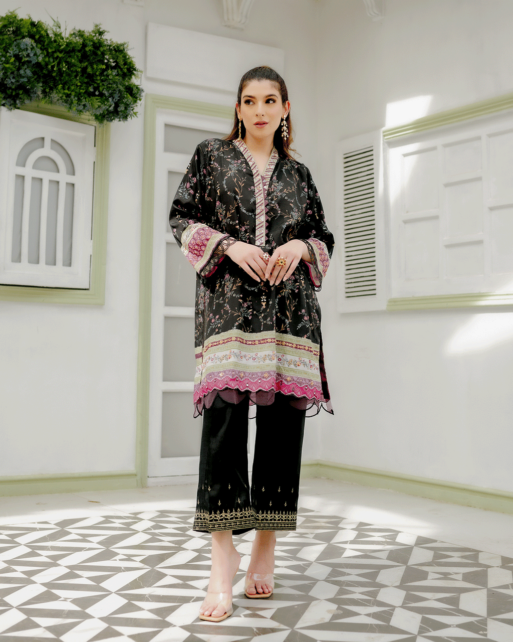 DC-2240 BLACK 2PCS HAND EMBELLISHED  SHIRT WITH TROUSER