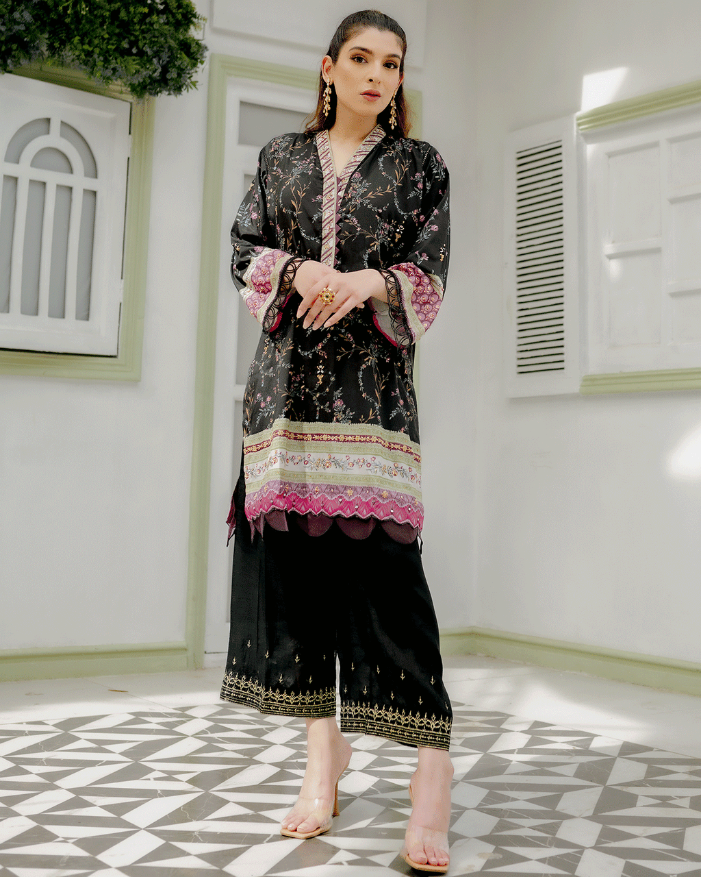 DC-2240 BLACK 2PCS HAND EMBELLISHED  SHIRT WITH TROUSER