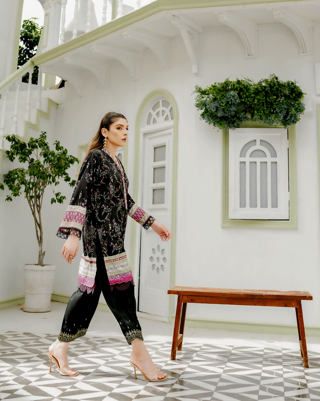 DC-2240 BLACK 2PCS HAND EMBELLISHED  SHIRT WITH TROUSER