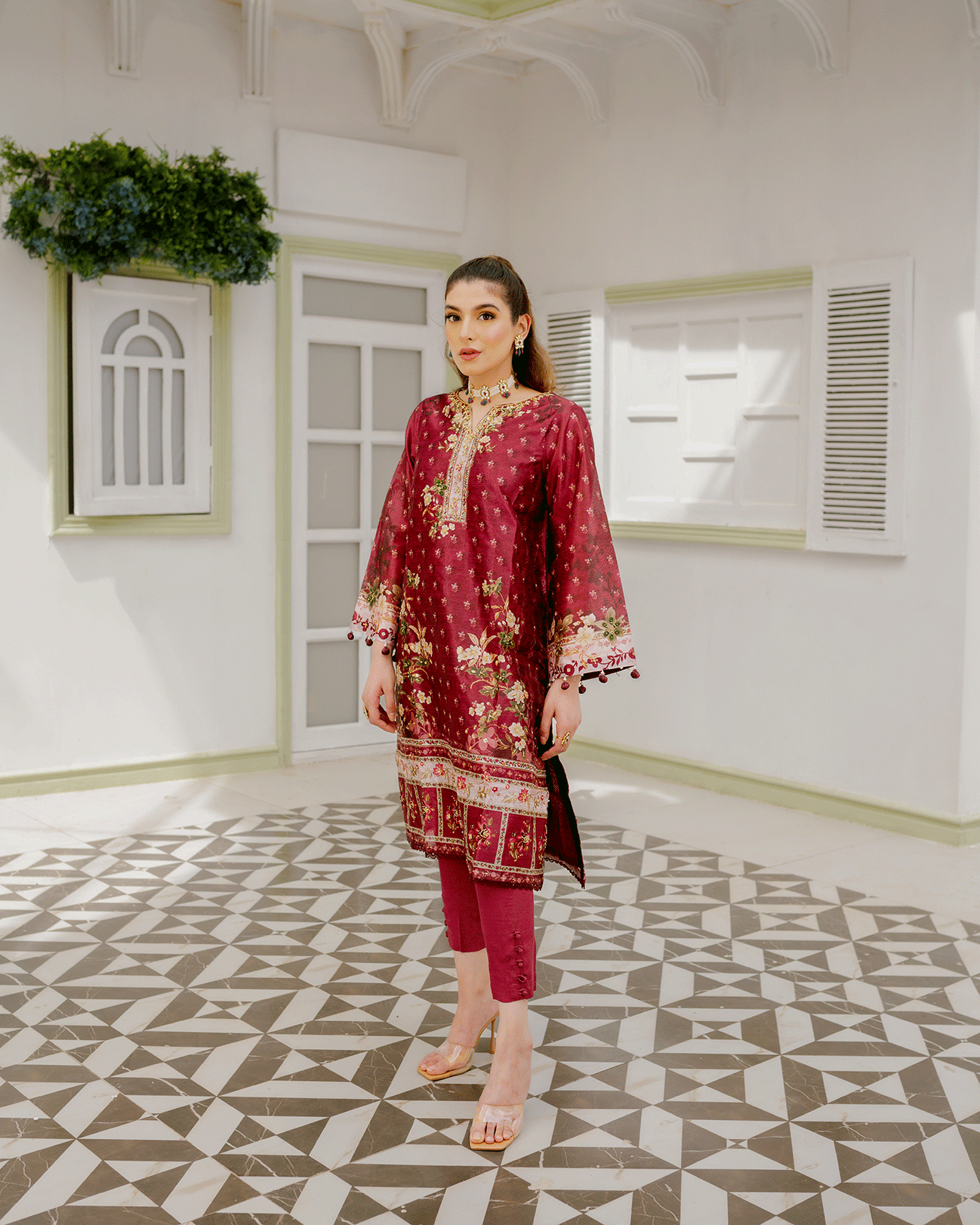 DC-2241 MAROON 2PCS HAND EMBELLISHED  SHIRT WITH TROUSER