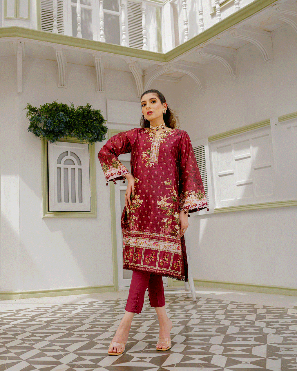 DC-2241 MAROON 2PCS HAND EMBELLISHED  SHIRT WITH TROUSER