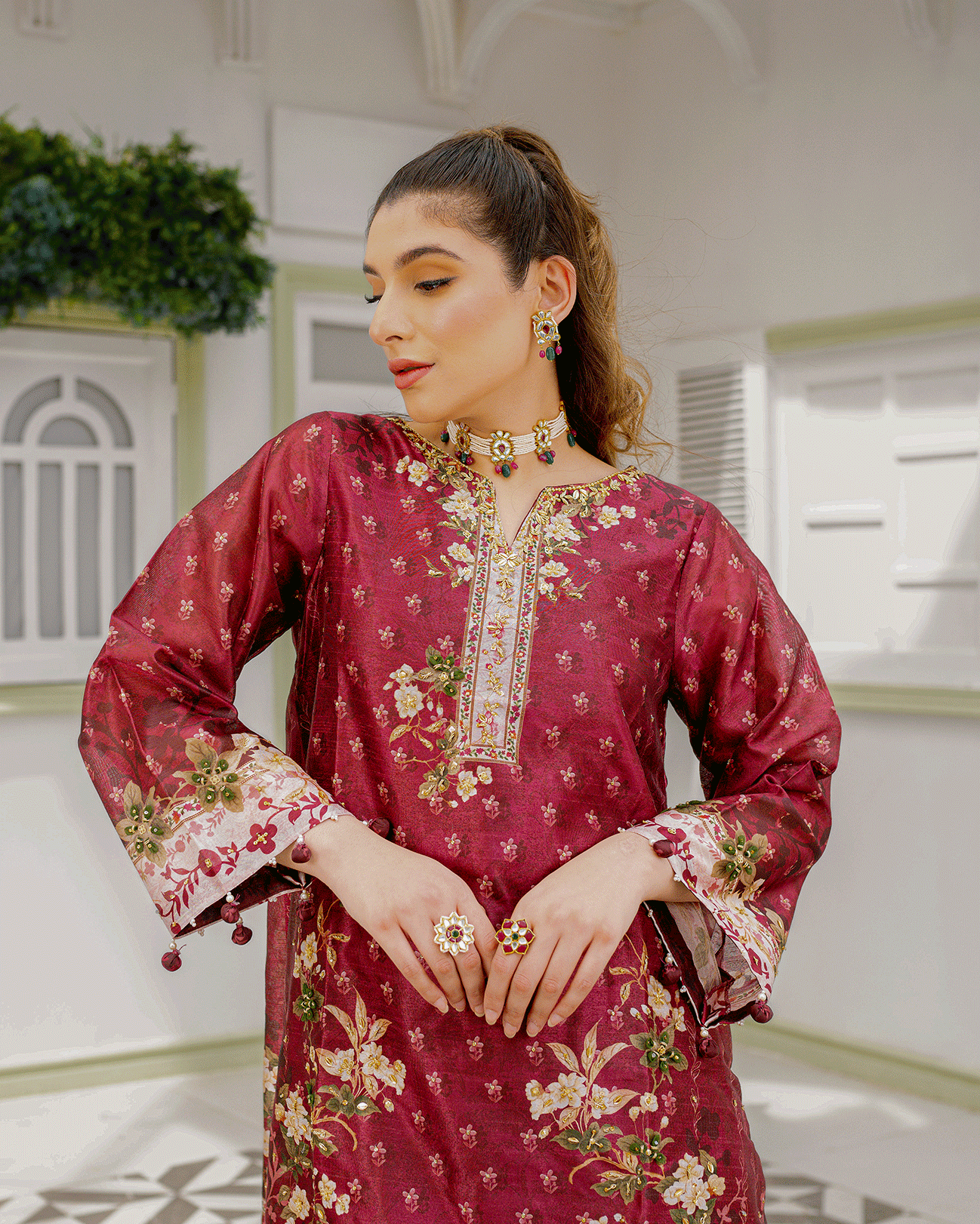 DC-2241 MAROON 2PCS HAND EMBELLISHED  SHIRT WITH TROUSER