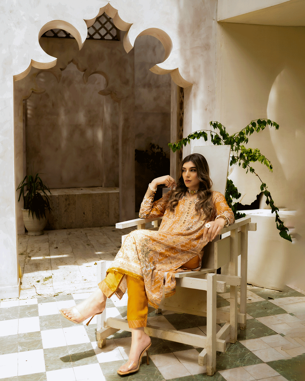 DC-2242 MUSTARD 2PCS HAND EMBELLISHED  SHIRT WITH TROUSER