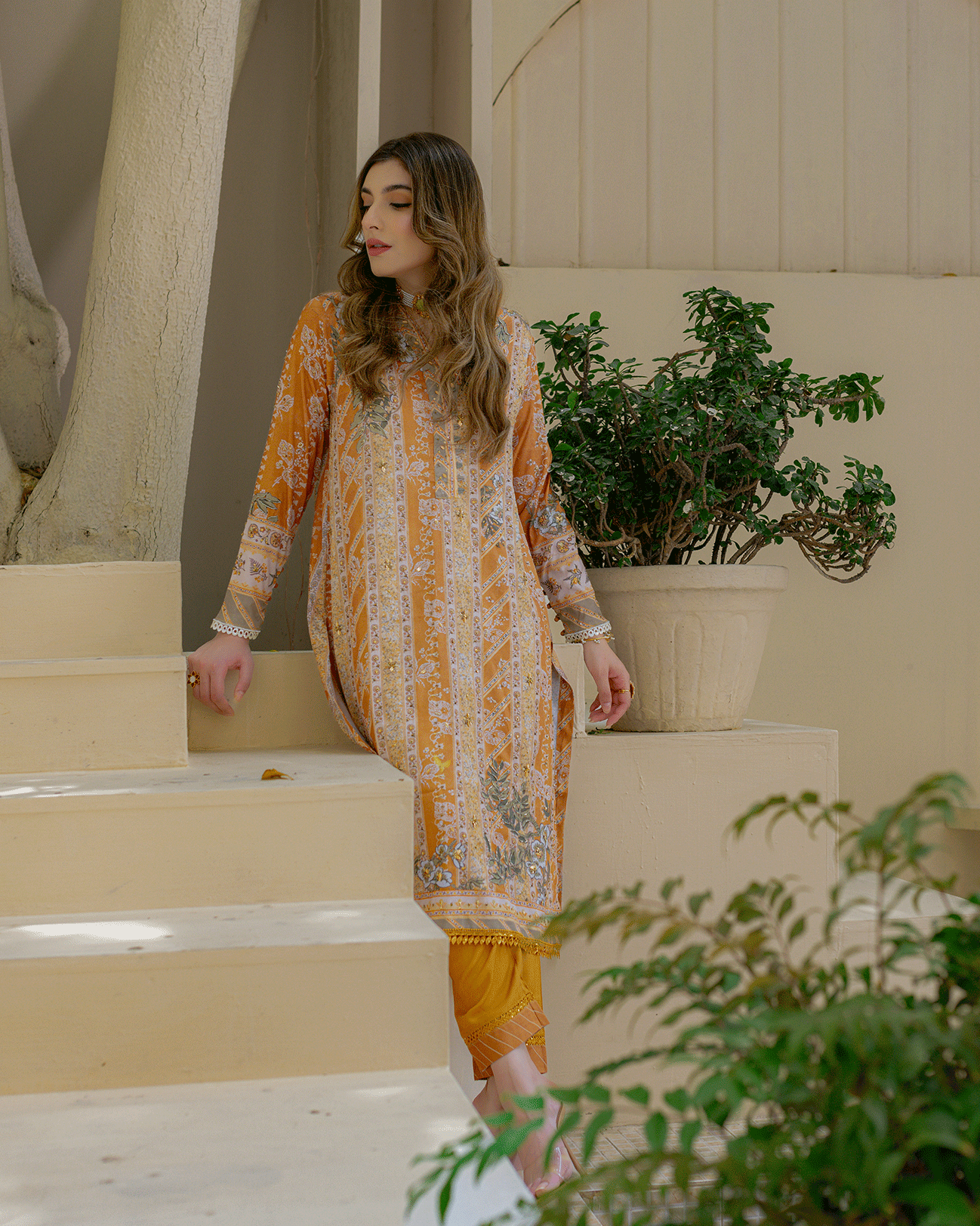 DC-2242 MUSTARD 2PCS HAND EMBELLISHED  SHIRT WITH TROUSER