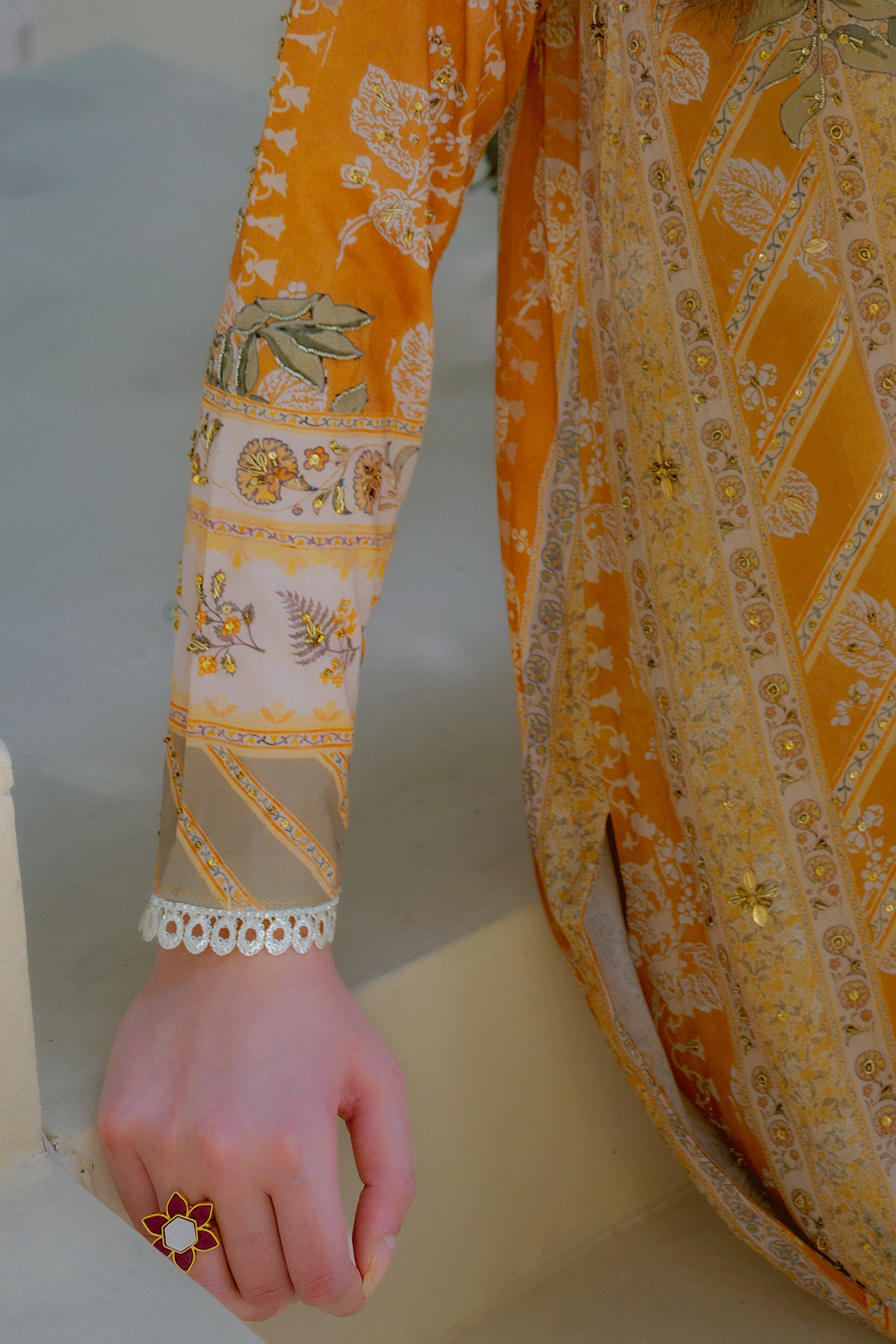 DC-2242 MUSTARD 2PCS HAND EMBELLISHED  SHIRT WITH TROUSER