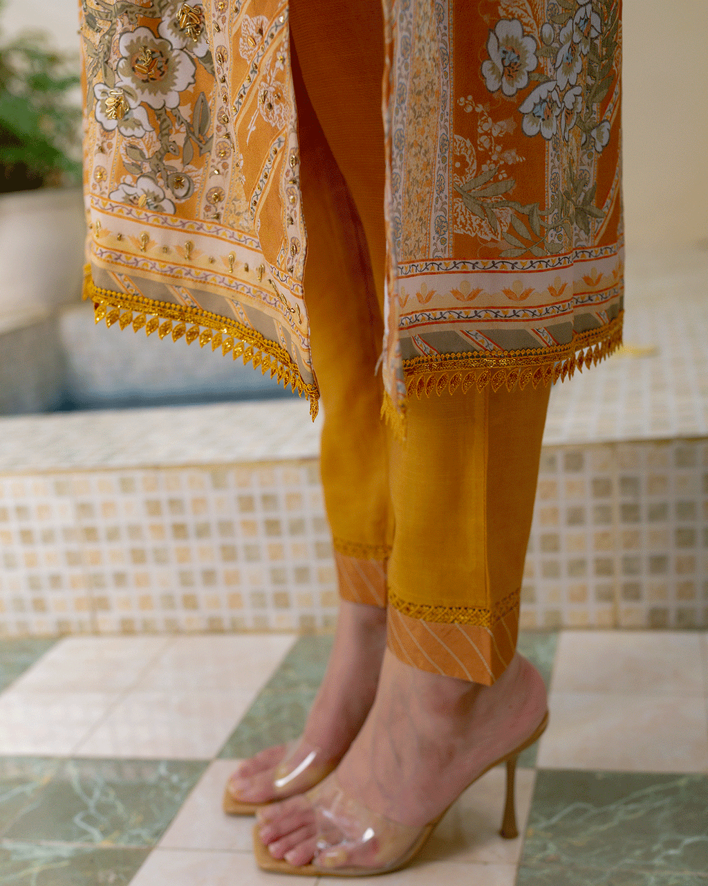 DC-2242 MUSTARD 2PCS HAND EMBELLISHED  SHIRT WITH TROUSER