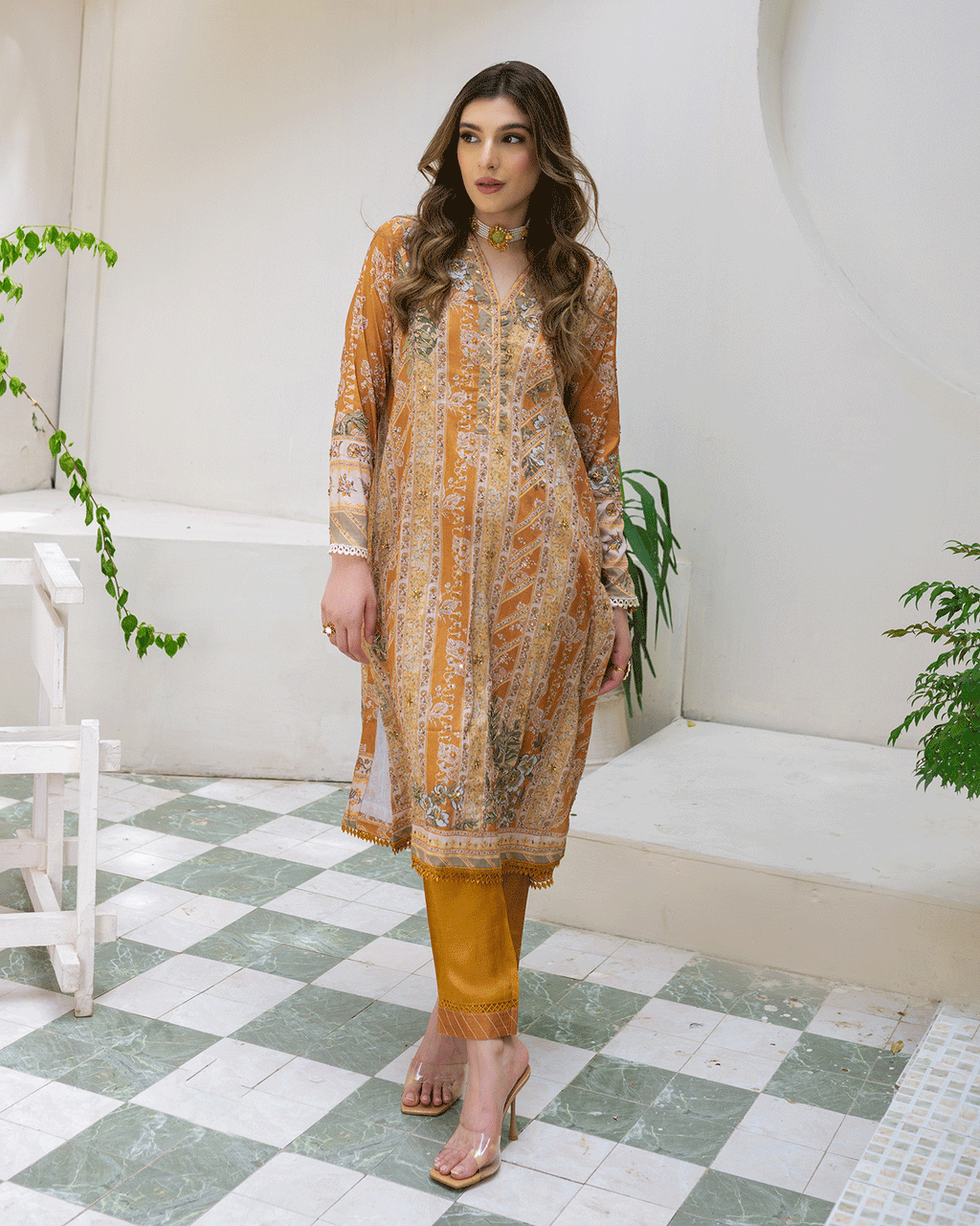 DC-2242 MUSTARD 2PCS HAND EMBELLISHED  SHIRT WITH TROUSER