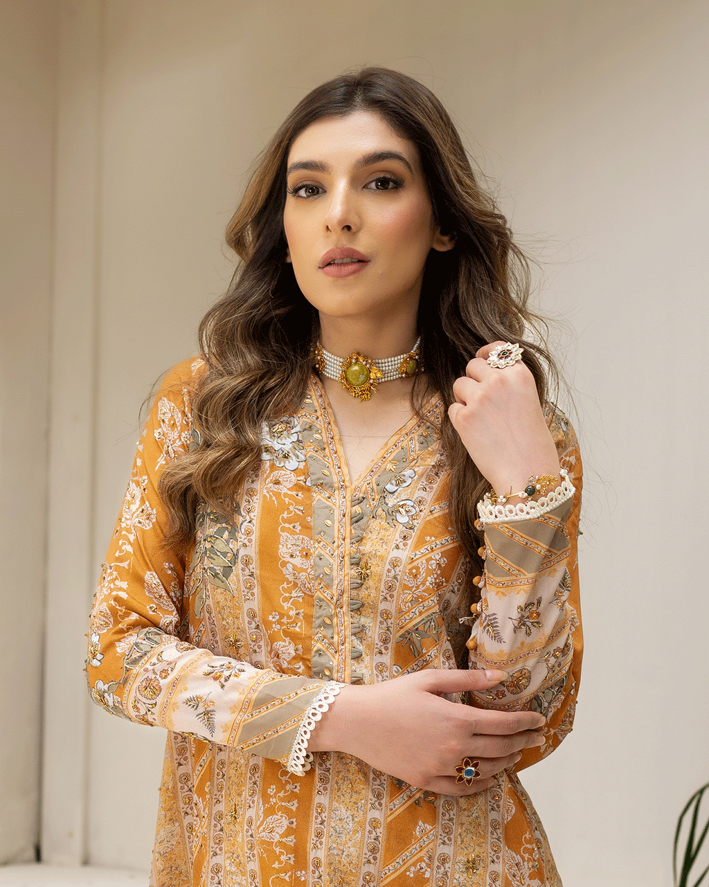 DC-2242 MUSTARD 2PCS HAND EMBELLISHED  SHIRT WITH TROUSER