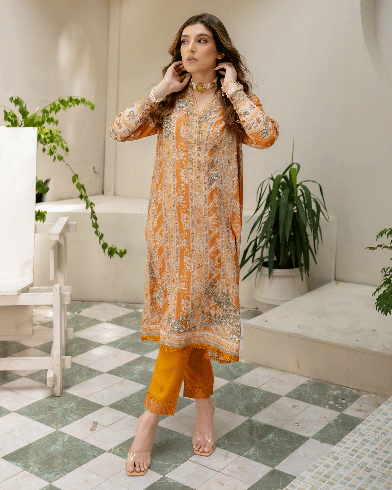 DC-2242 MUSTARD 2PCS HAND EMBELLISHED  SHIRT WITH TROUSER