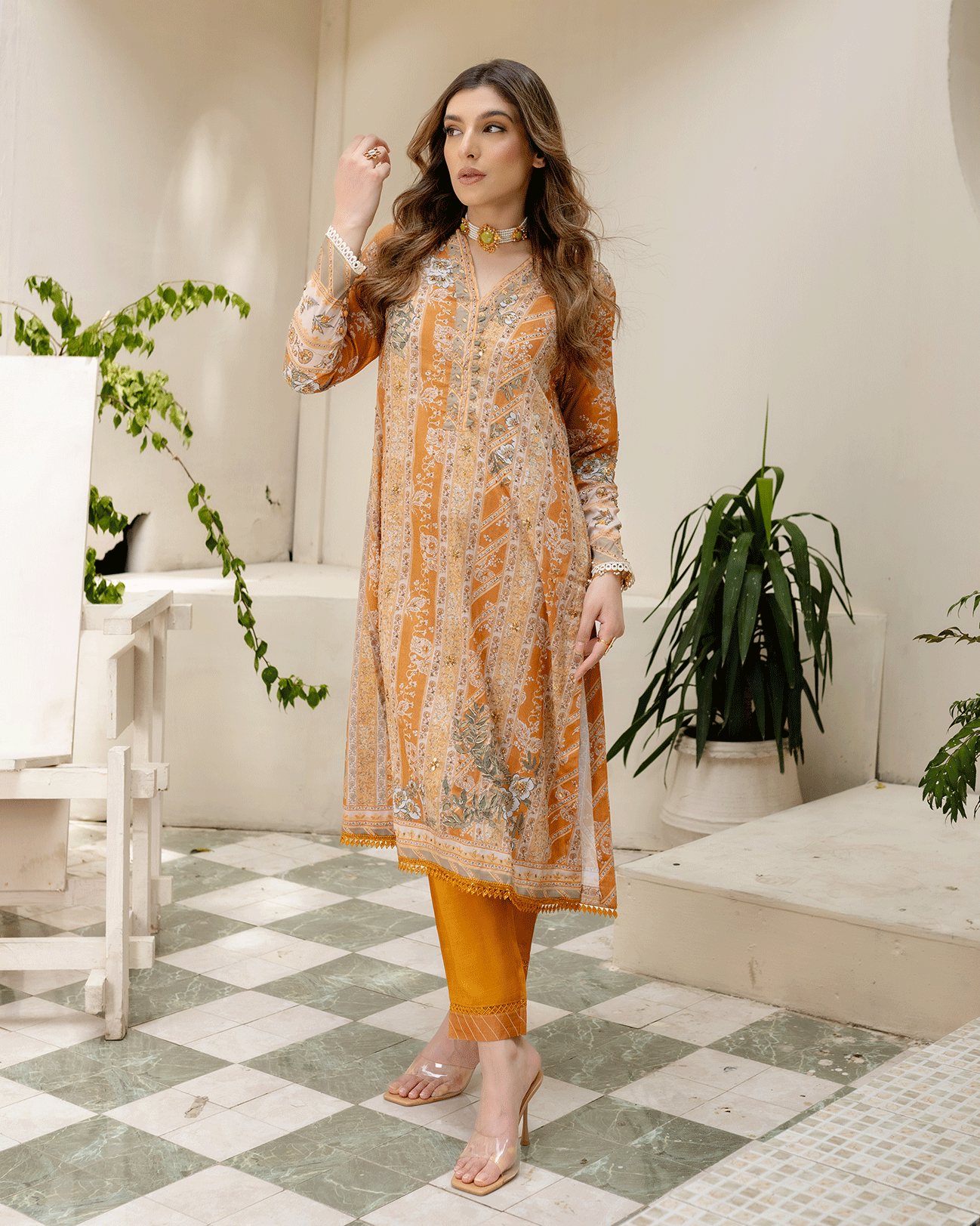 DC-2242 MUSTARD 2PCS HAND EMBELLISHED  SHIRT WITH TROUSER