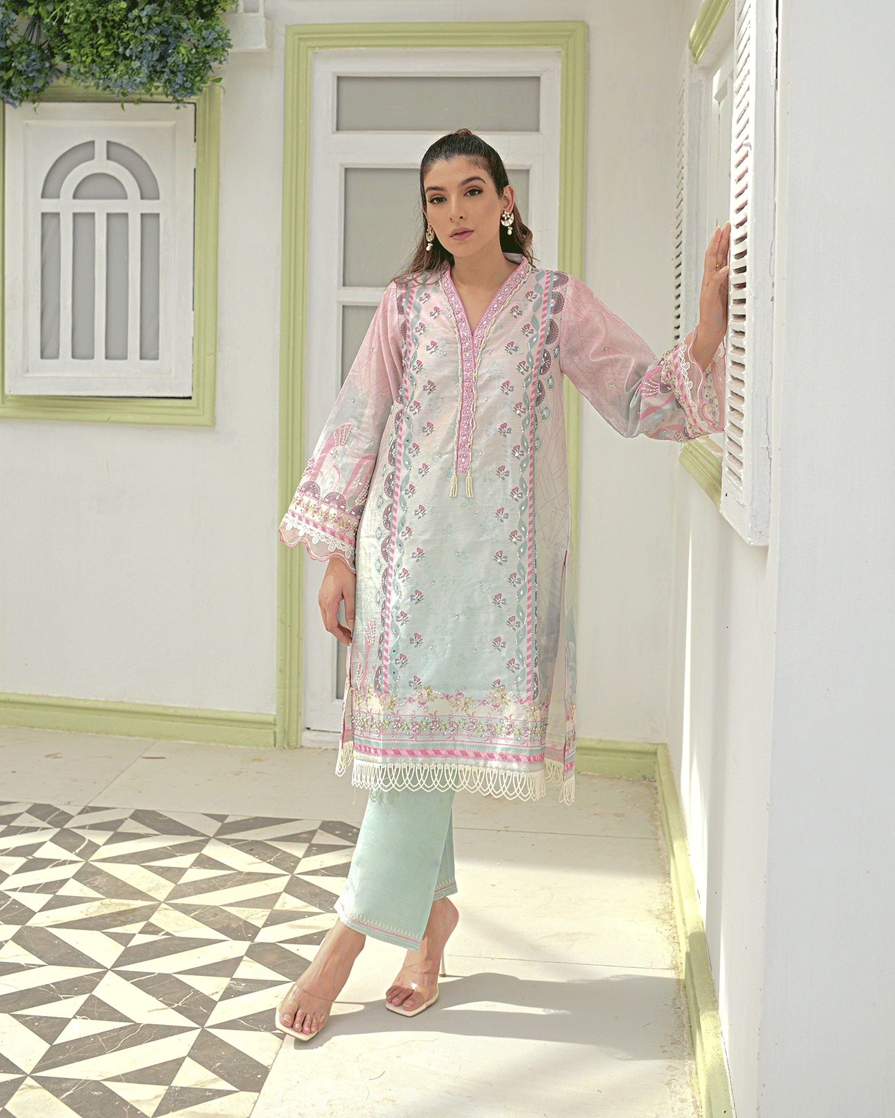 DC-2243 PINK 2PCS HAND EMBELLISHED  SHIRT WITH TROUSER