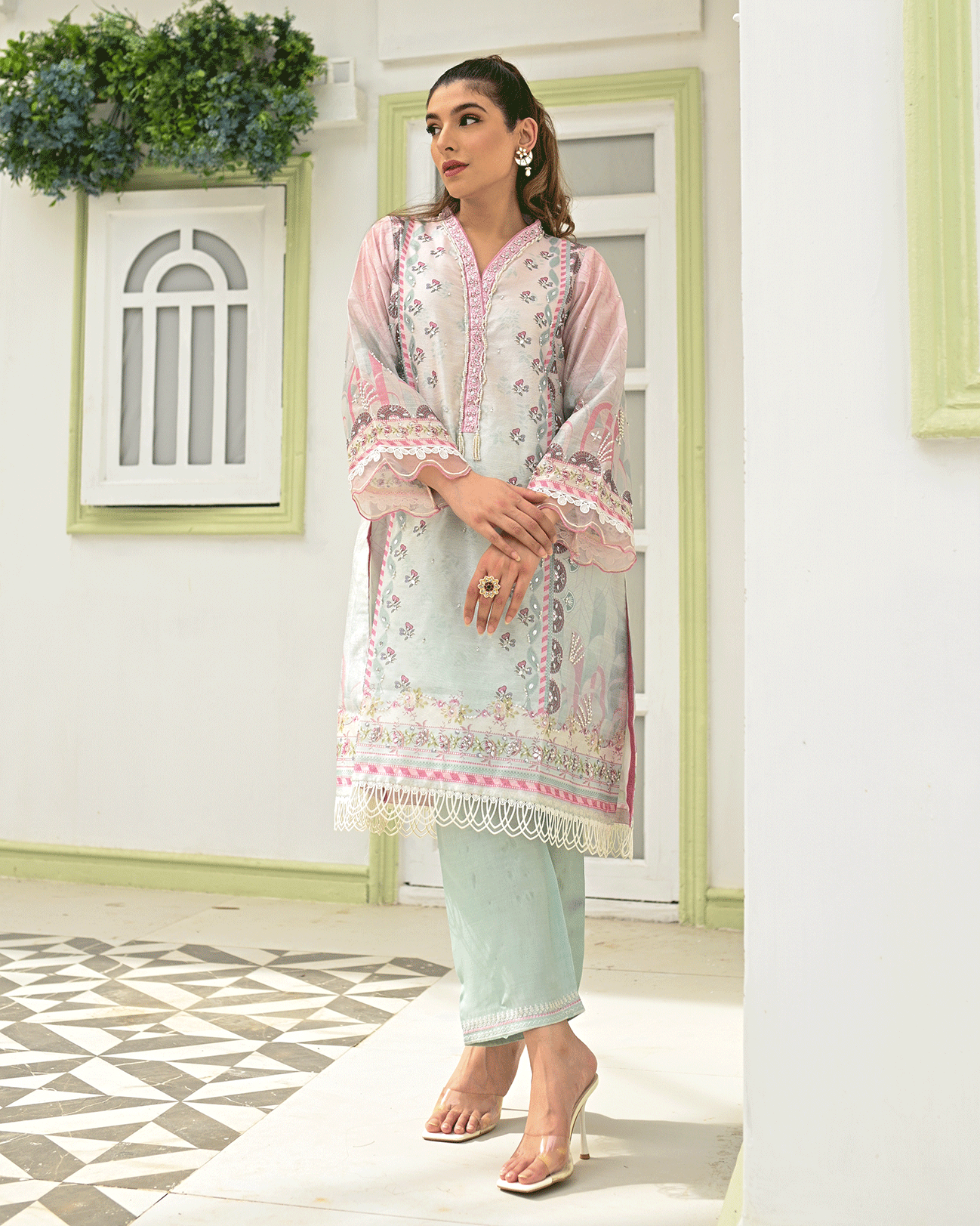 DC-2243 PINK 2PCS HAND EMBELLISHED  SHIRT WITH TROUSER