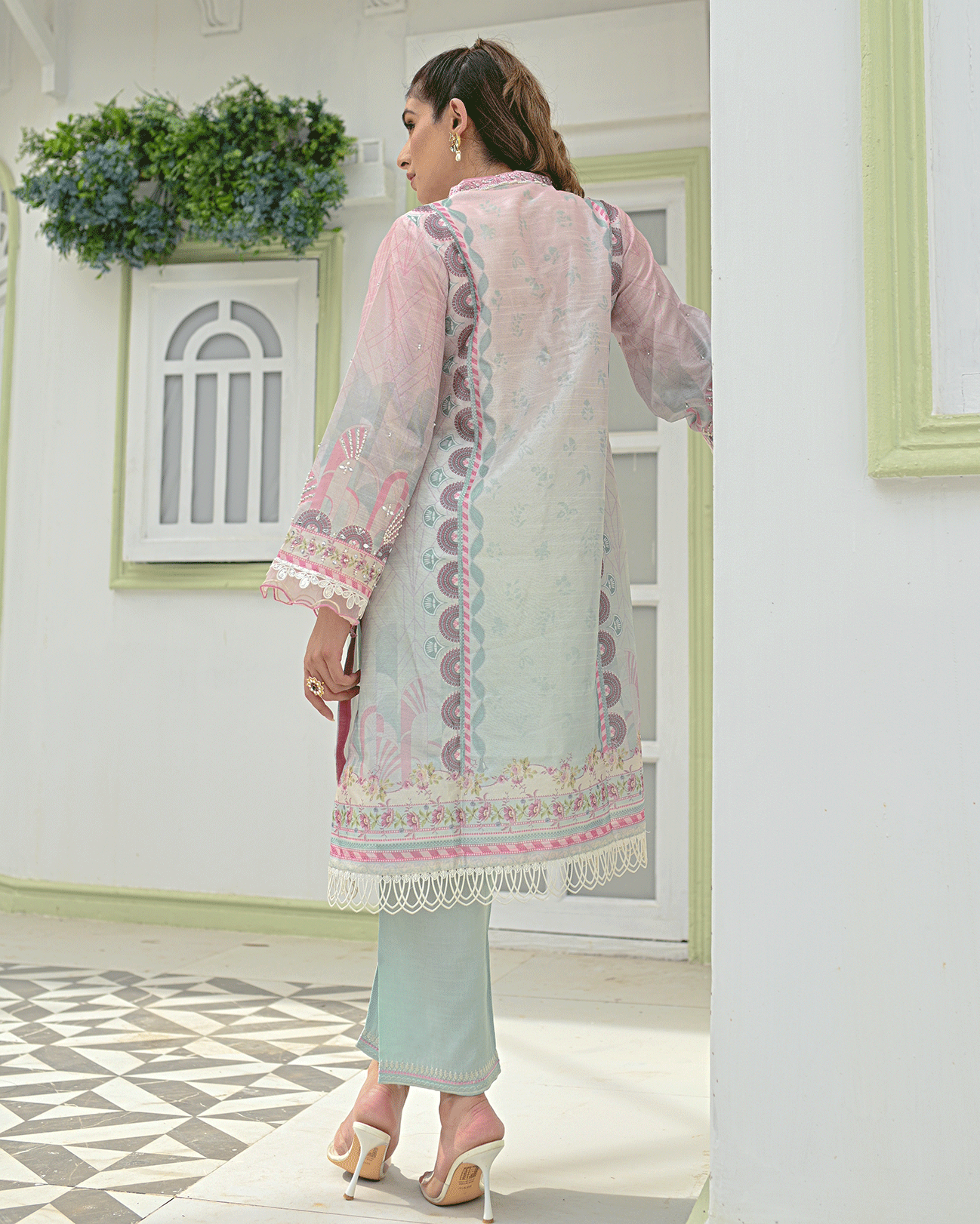 DC-2243 PINK 2PCS HAND EMBELLISHED  SHIRT WITH TROUSER