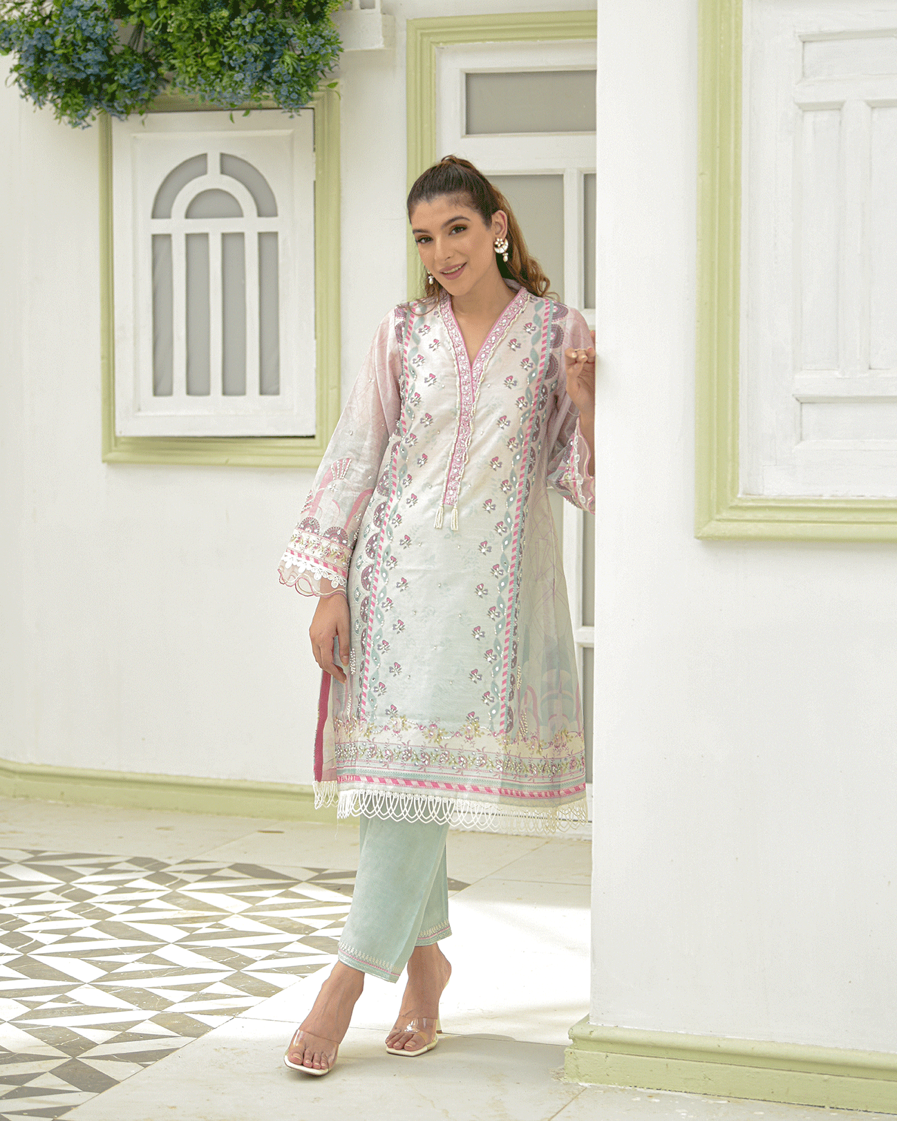 DC-2243 PINK 2PCS HAND EMBELLISHED  SHIRT WITH TROUSER
